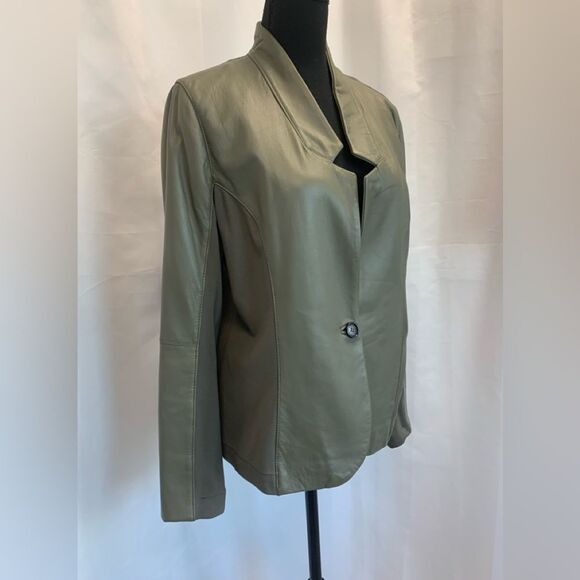 Pink Tartan olive green leather jacket Sz L - Picture 3 of 11